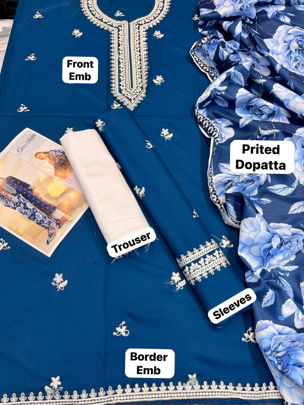 Shop the Cross Stitch luxury 90/70 lawn 3-piece suit with embroidered neck, front, sleeves, and a digital diamond print dupatta. Order now from IZ Pattern and Place.