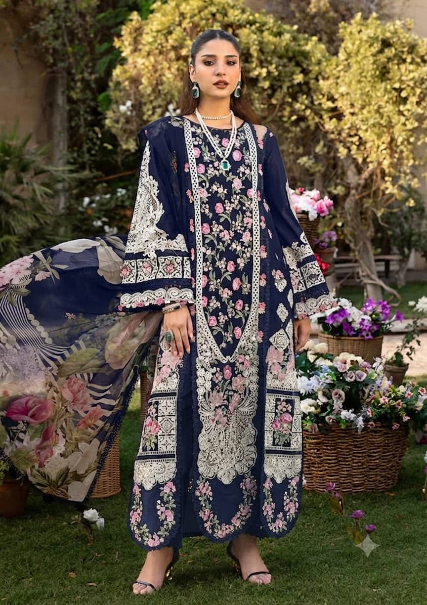 Shop the Maria B Jade luxury lawn 3-piece suit with heavy multi-head embroidery and a ready-to-wear digital print Swiss voile dupatta. Order now from IZ Pattern and Place.