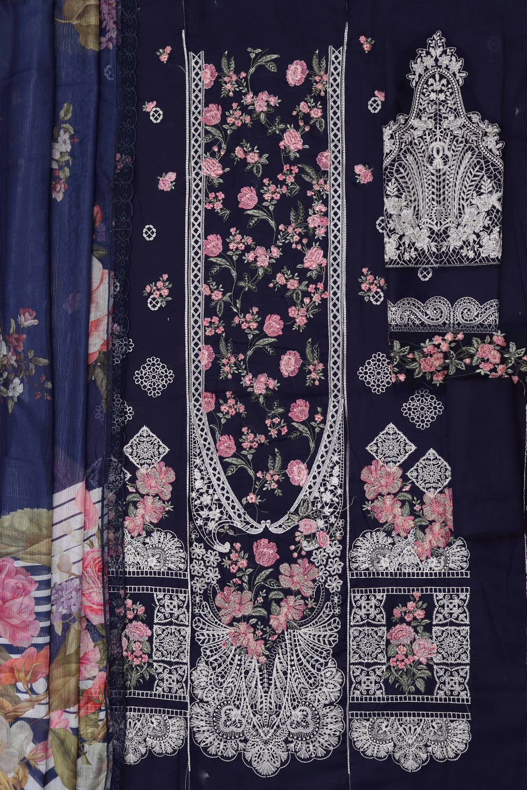 Shop the Maria B Jade luxury lawn 3-piece suit with heavy multi-head embroidery and a ready-to-wear digital print Swiss voile dupatta. Order now from IZ Pattern and Place.