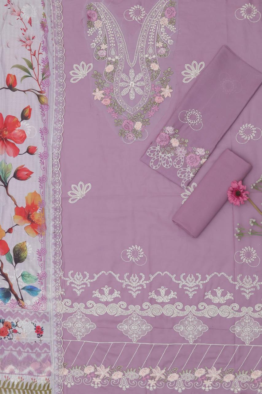 Shop the Maria B luxury lawn cotton 3-piece suit with heavy multi-head embroidery and a ready-to-wear Swiss voile dupatta with 4-side embroidery. Order now from IZ Pattern and Place.