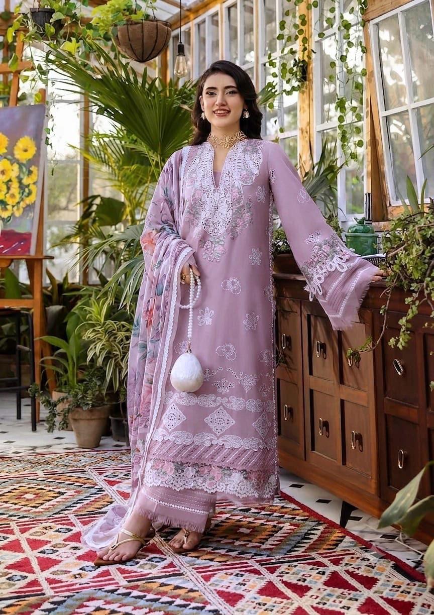 Shop the Maria B luxury lawn cotton 3-piece suit with heavy multi-head embroidery and a ready-to-wear Swiss voile dupatta with 4-side embroidery. Order now from IZ Pattern and Place.