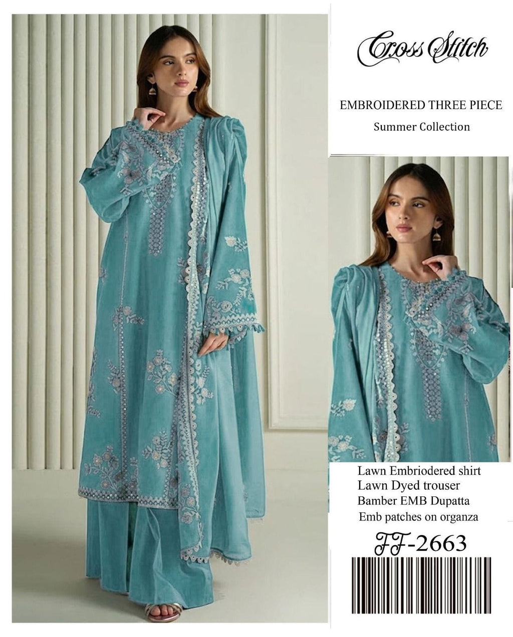 Shop the Cross Stitch Airjet Lawn 3-piece suit featuring heavy thread embroidery, embroidered Bamber chiffon dupatta, and premium Airjet Lawn fabric. Order now from IZ Pattern and Place.
