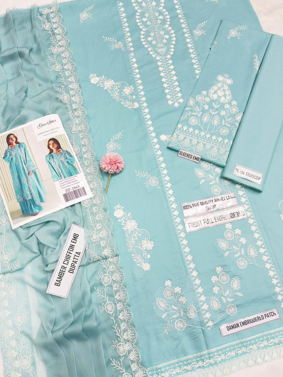 Shop the Cross Stitch Airjet Lawn 3-piece suit featuring heavy thread embroidery, embroidered Bamber chiffon dupatta, and premium Airjet Lawn fabric. Order now from IZ Pattern and Place.