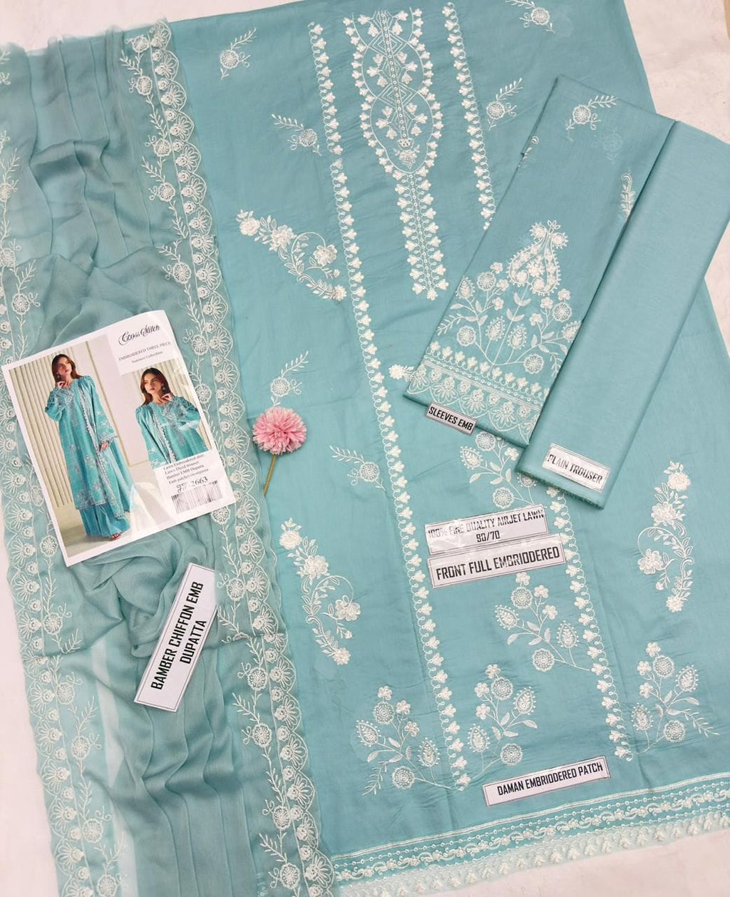 Shop the Cross Stitch Airjet Lawn 3-piece suit featuring heavy thread embroidery, embroidered Bamber chiffon dupatta, and premium Airjet Lawn fabric. Order now from IZ Pattern and Place.