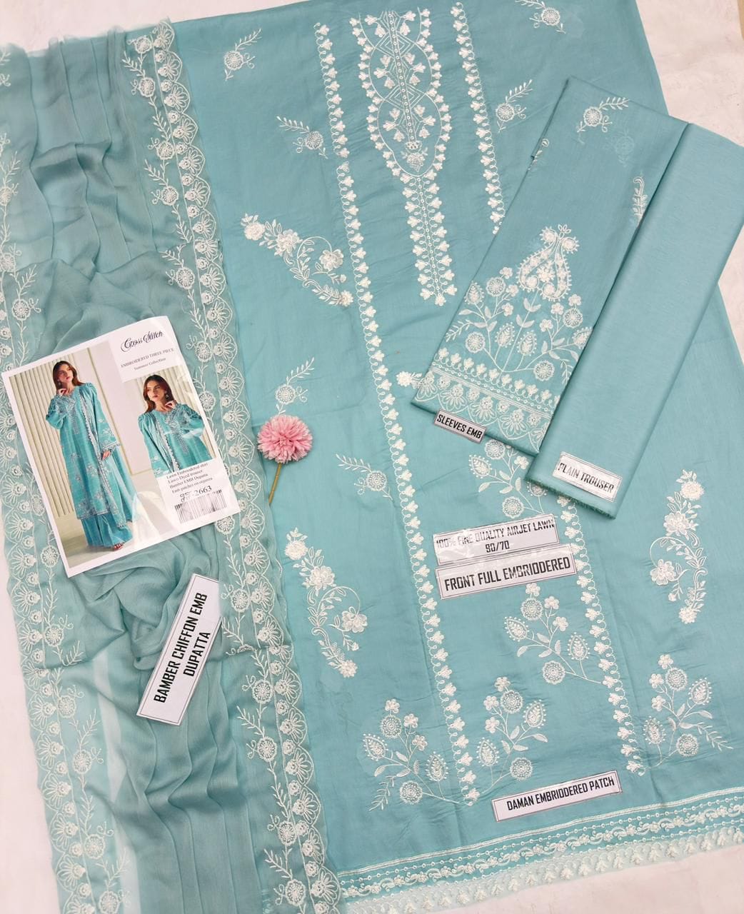 Shop the Cross Stitch Airjet Lawn 3-piece suit featuring heavy thread embroidery, embroidered Bamber chiffon dupatta, and premium Airjet Lawn fabric. Order now from IZ Pattern and Place.