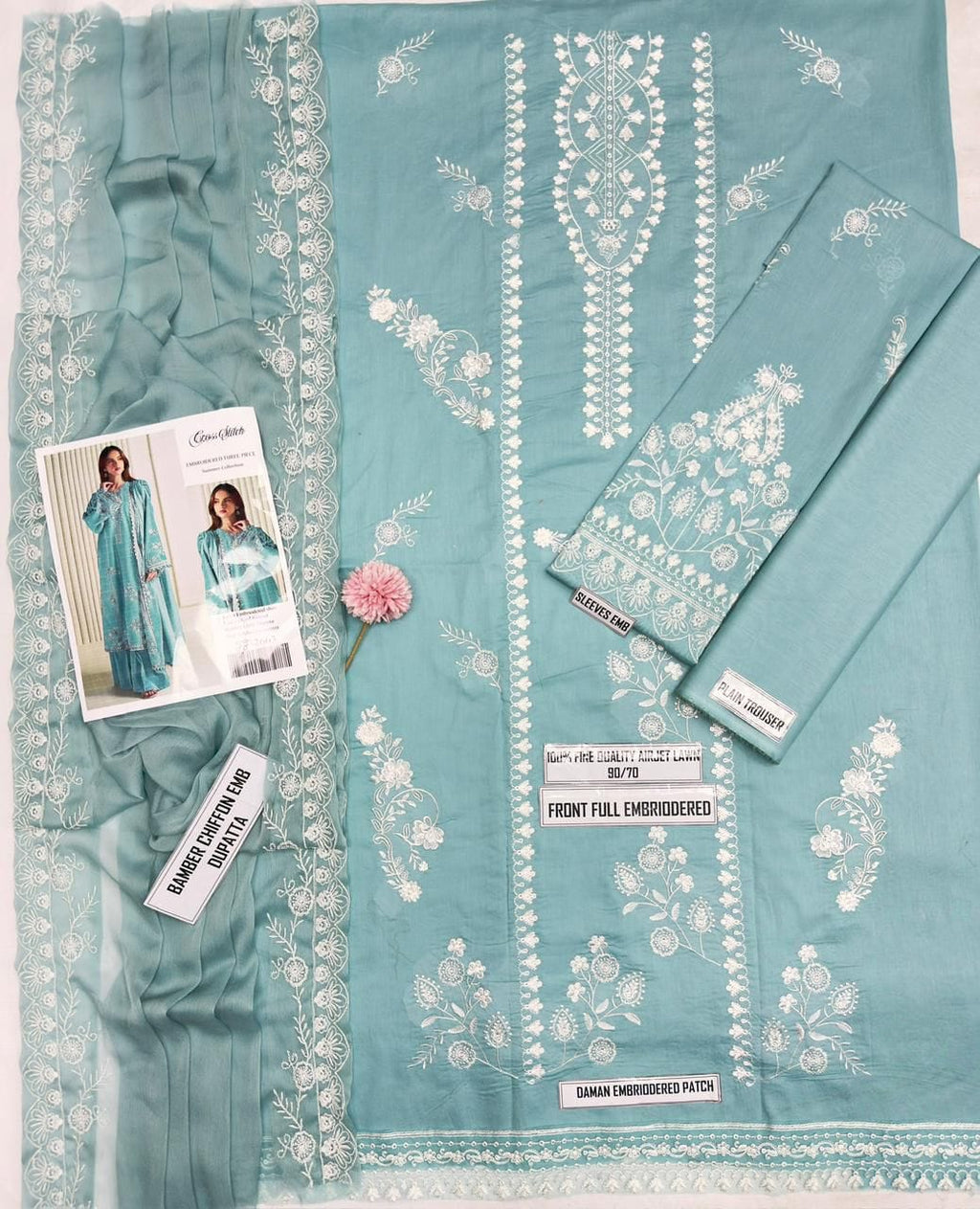 Shop the Cross Stitch Airjet Lawn 3-piece suit featuring heavy thread embroidery, embroidered Bamber chiffon dupatta, and premium Airjet Lawn fabric. Order now from IZ Pattern and Place.