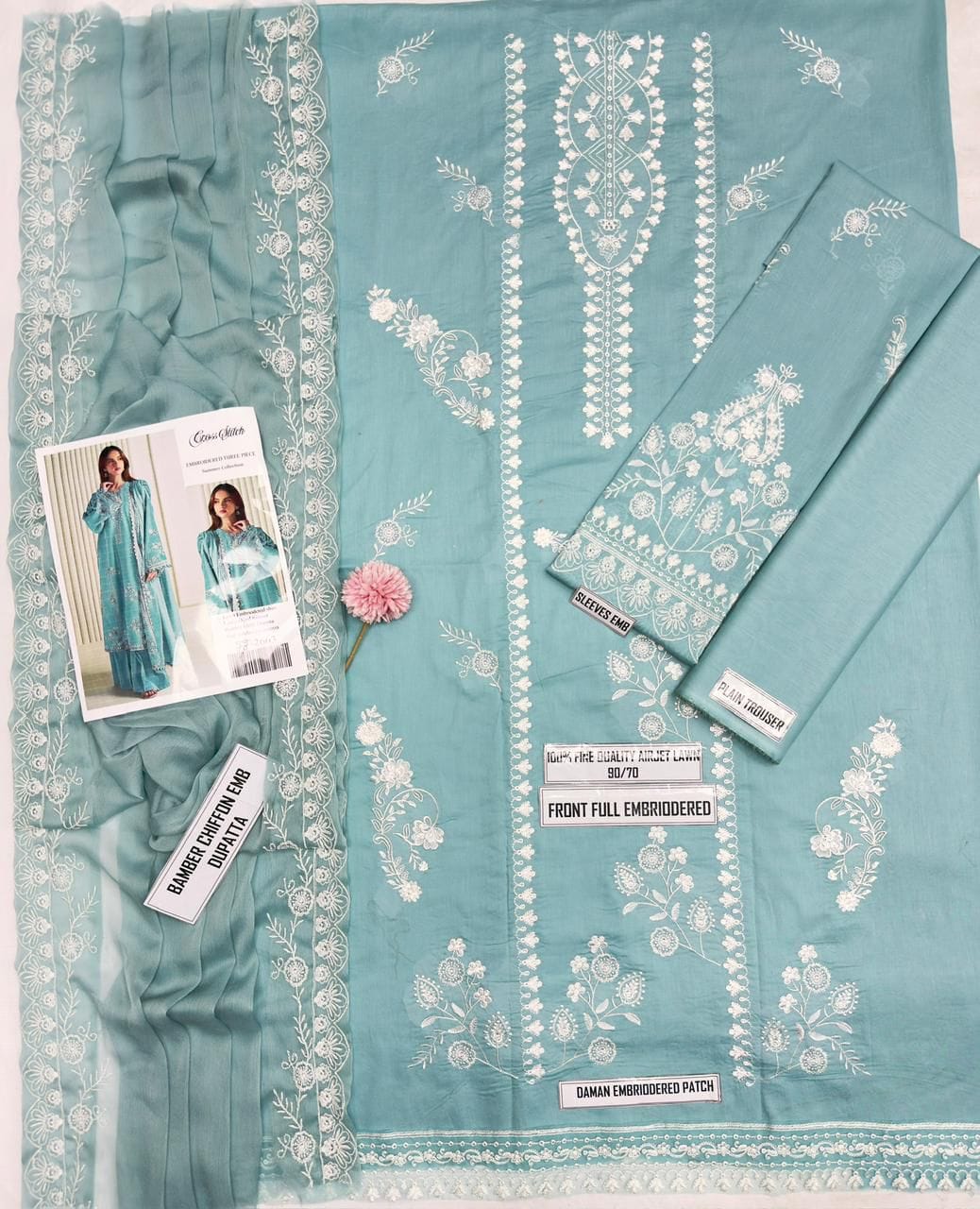 Shop the Cross Stitch Airjet Lawn 3-piece suit featuring heavy thread embroidery, embroidered Bamber chiffon dupatta, and premium Airjet Lawn fabric. Order now from IZ Pattern and Place.