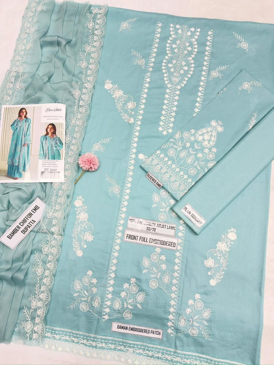 Shop the Cross Stitch Airjet Lawn 3-piece suit featuring heavy thread embroidery, embroidered Bamber chiffon dupatta, and premium Airjet Lawn fabric. Order now from IZ Pattern and Place.