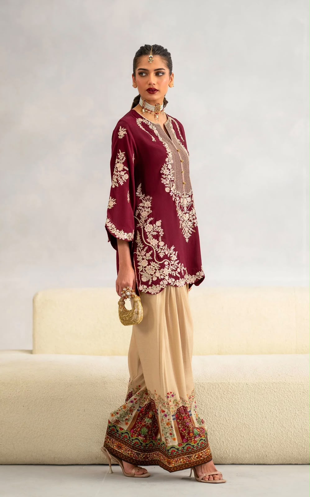 Shop the Ethnic Wedding Summer Collection Airjet Silk 2-piece suit with full sequence embroidered front, embroidered sleeves, and printed silk trouser. Order now from IZ Pattern and Place.