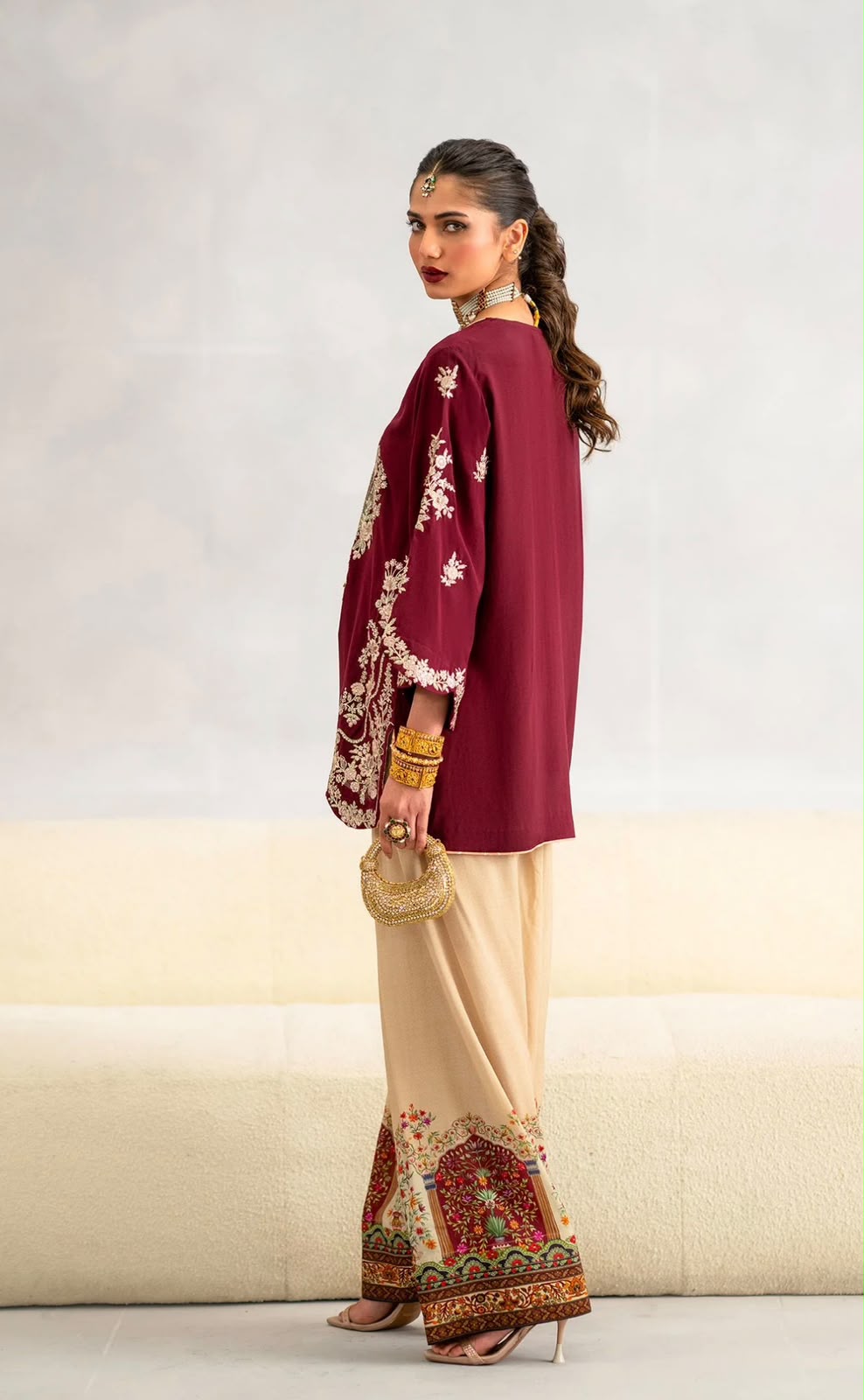 Shop the Ethnic Wedding Summer Collection Airjet Silk 2-piece suit with full sequence embroidered front, embroidered sleeves, and printed silk trouser. Order now from IZ Pattern and Place.