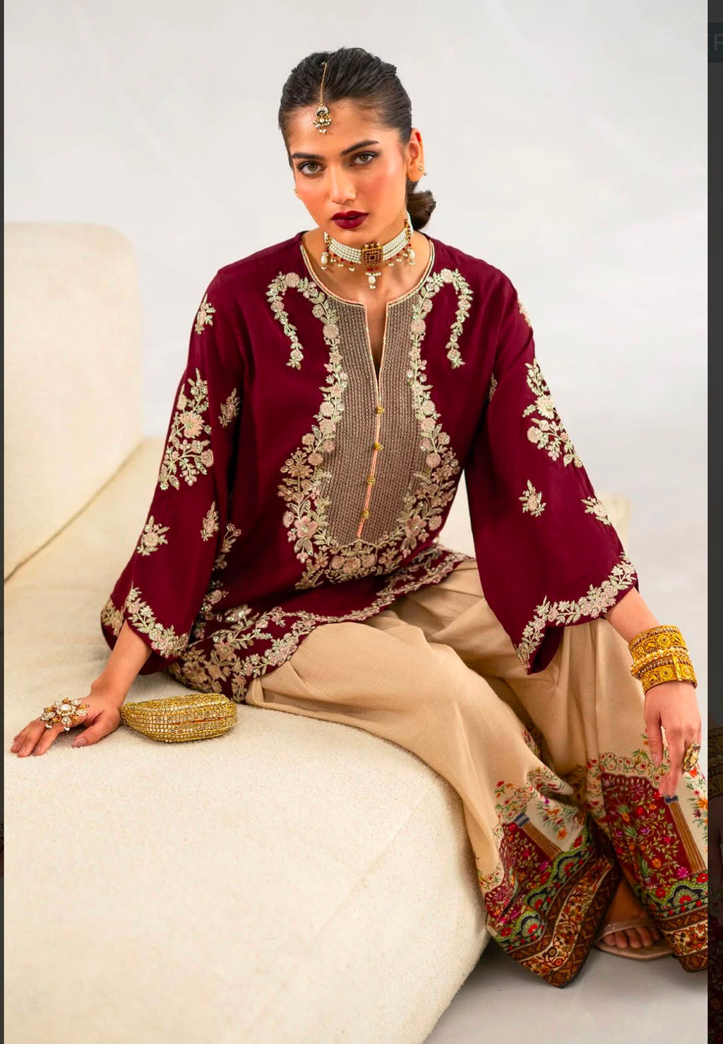 Shop the Ethnic Wedding Summer Collection Airjet Silk 2-piece suit with full sequence embroidered front, embroidered sleeves, and printed silk trouser. Order now from IZ Pattern and Place.