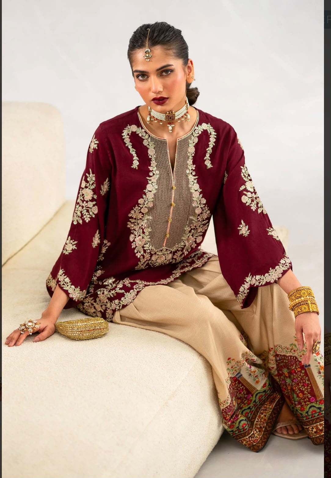 Shop the Ethnic Wedding Summer Collection Airjet Silk 2-piece suit with full sequence embroidered front, embroidered sleeves, and printed silk trouser. Order now from IZ Pattern and Place.