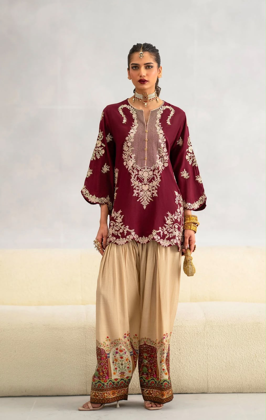Shop the Ethnic Wedding Summer Collection Airjet Silk 2-piece suit with full sequence embroidered front, embroidered sleeves, and printed silk trouser. Order now from IZ Pattern and Place.