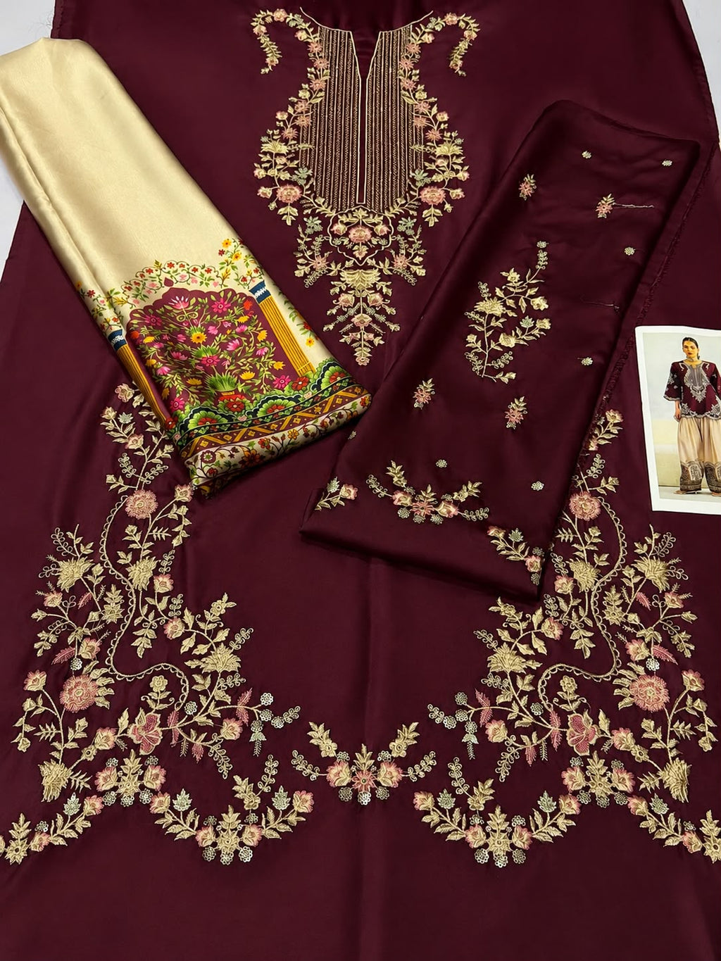 Shop the Ethnic Wedding Summer Collection Airjet Silk 2-piece suit with full sequence embroidered front, embroidered sleeves, and printed silk trouser. Order now from IZ Pattern and Place.