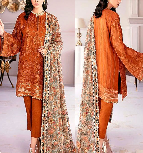 Shop the Baroque Summer Collection 2026 lawn 3-piece suit with heavy embroidery and a ready-to-wear Bamber chiffon cutwork dupatta. Order now from IZ Pattern and Place.