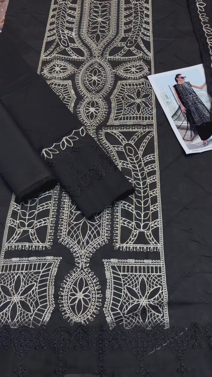 Shop the Maria. B luxury lawn 3-piece unstitched suit with embroidered front, sleeves, border, and embroidered chiffon dupatta. Order now from IZ Pattern and Place.