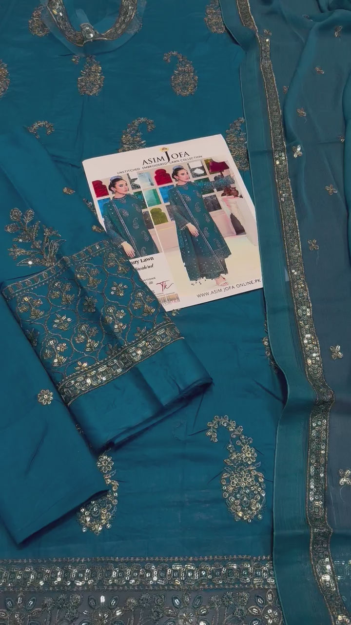Shop the Asim Jofa luxury lawn 3-piece unstitched suit with embroidered front, sleeves, border, and embroidered chiffon dupatta. Order now from IZ Pattern and Place.