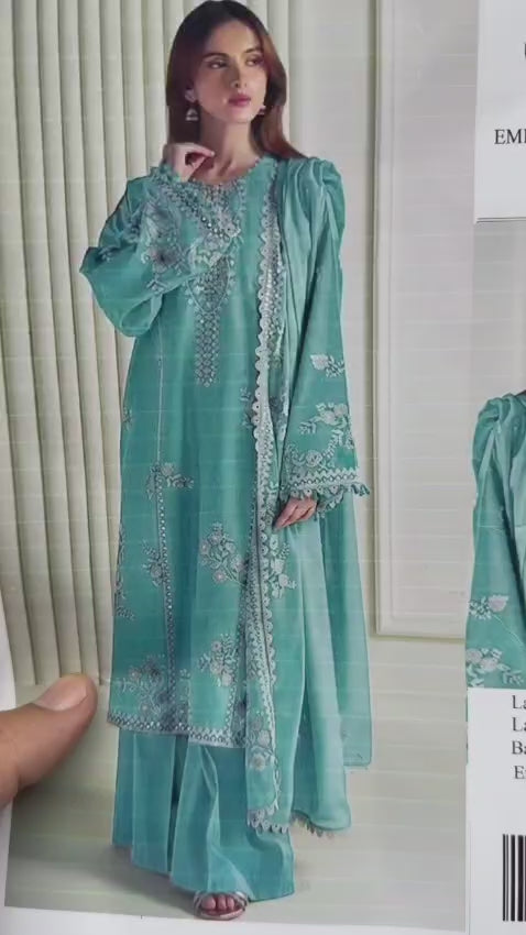 Shop the Cross Stitch Airjet Lawn 3-piece suit featuring heavy thread embroidery, embroidered Bamber chiffon dupatta, and premium Airjet Lawn fabric. Order now from IZ Pattern and Place.