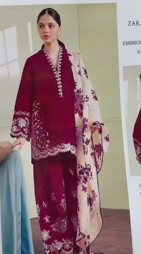 Shop the Zara Shahjahan 2686 luxury embroidered Airjet Lawn 3-piece unstitched suit with a soft digital printed Swiss voile dupatta. Order now from IZ Pattern and Place.