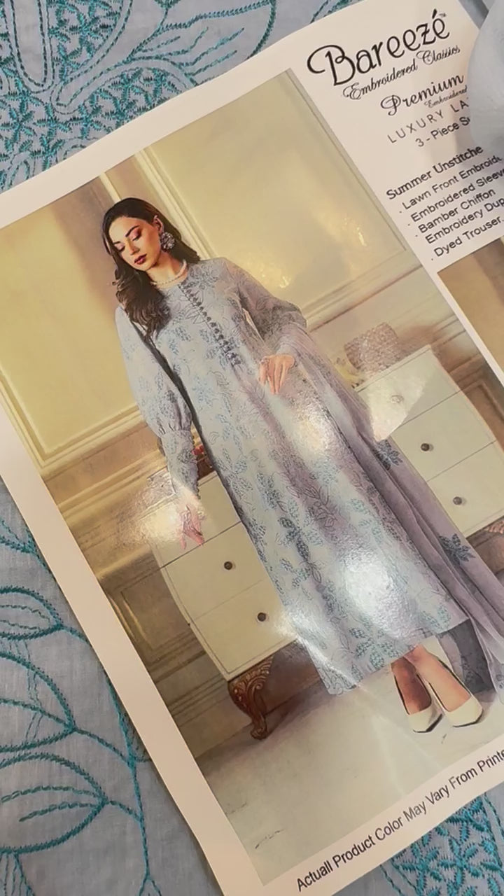 Shop the Bareeze luxury lawn 3-piece suit with embroidered front, sleeves, border, and ready-to-wear embroidered chiffon dupatta. Order now from IZ Pattern and Place.